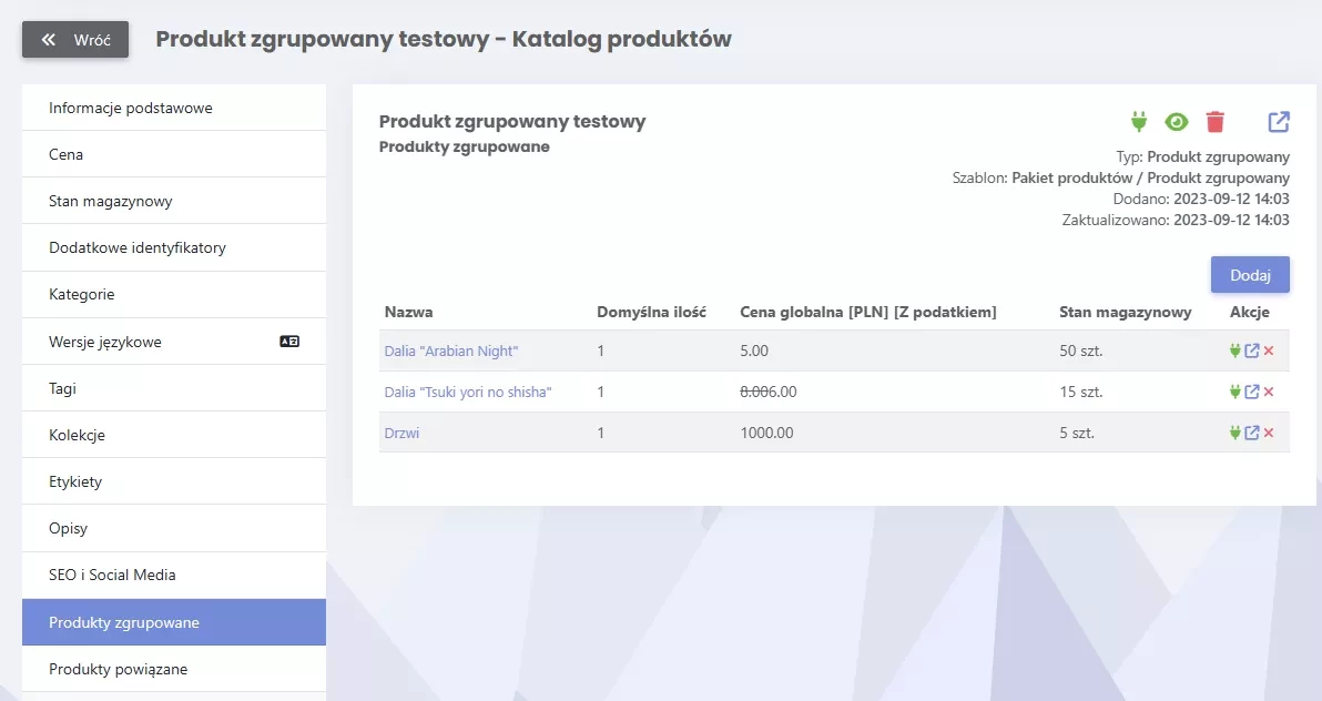 Konfiguracja produktu zgrupowanego — produkty, które pojawią się na podstronie.