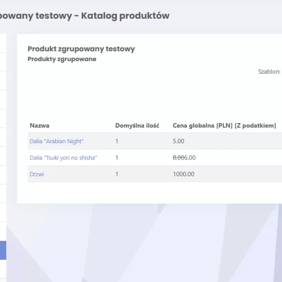 Konfiguracja produktu zgrupowanego — produkty, które pojawią się na podstronie.