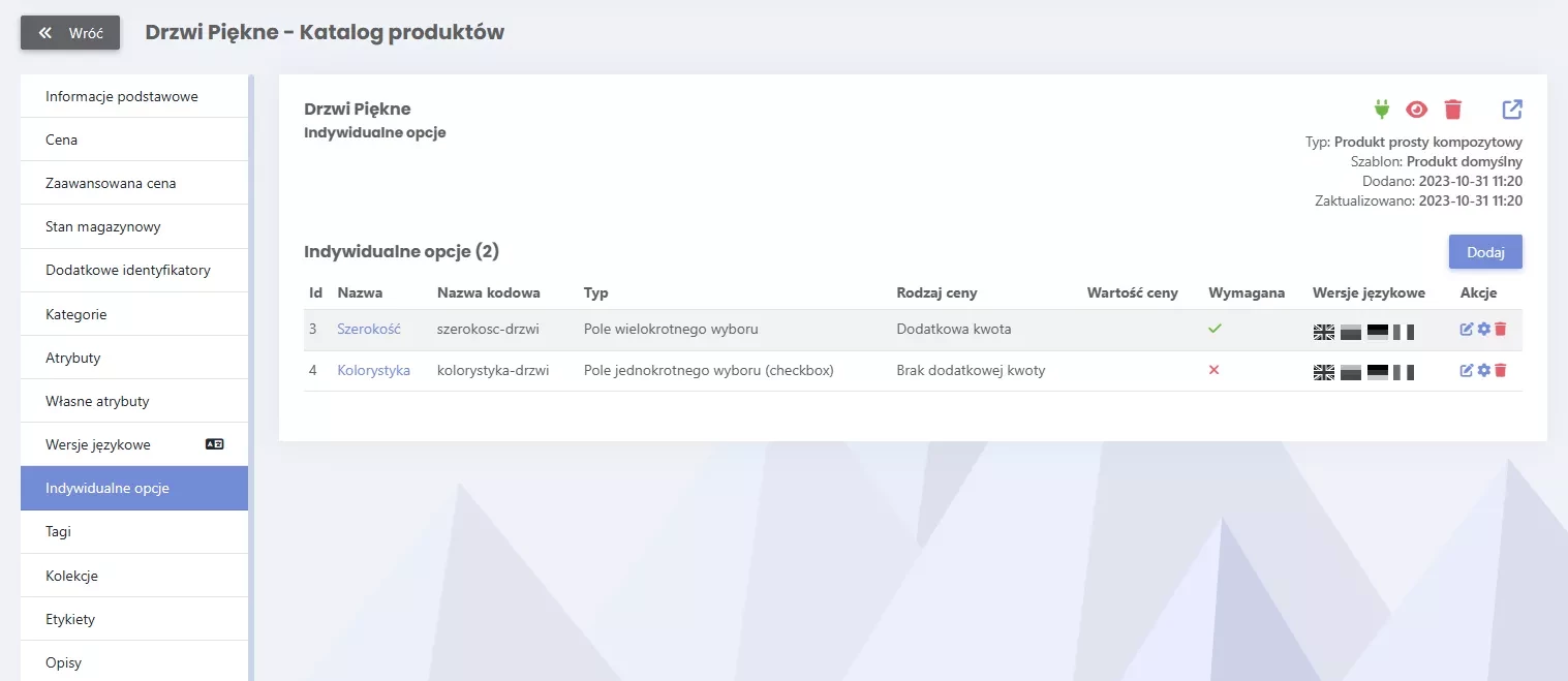 Konfiguracja produktu kompozytowego - indywidualne opcje
