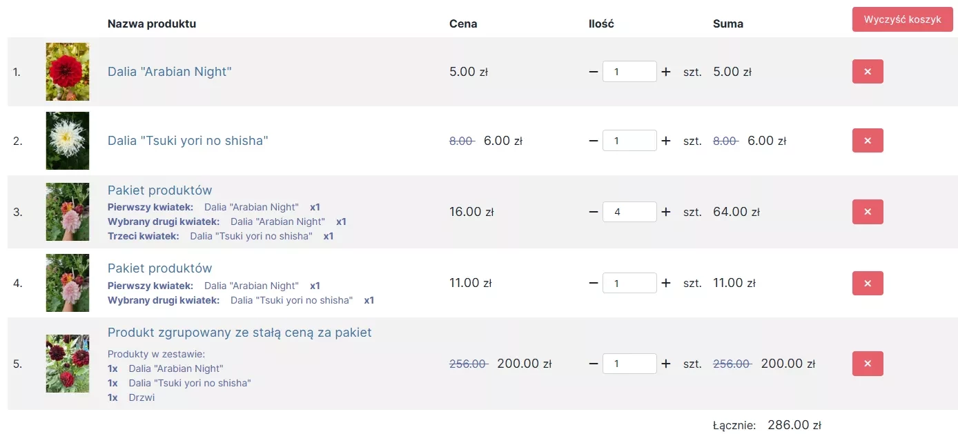 Produkty w koszyku dodane jako produkty zgrupowane (1, 2), produkty w pakiecie skonfigurowanym na dwa różne sposoby (3, 4) elementy w produkcie zgrupowanym z ustawioną stałą ceną za pakiet (5).